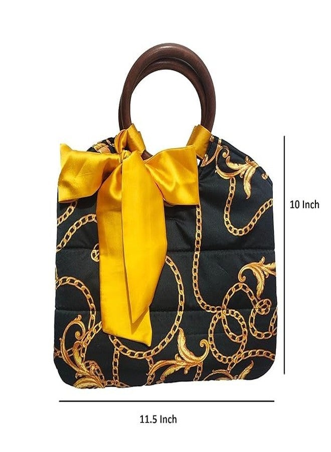 athizay handbags wooden handles Potli Bags with Handcrafted Bow Detail hand carry artistic wristlets bags for women (Black, Gold) - Image 4